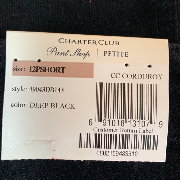NWT Charter Club Black Corduroy Pants Size 12 Petite Short - Picture 4 of 5